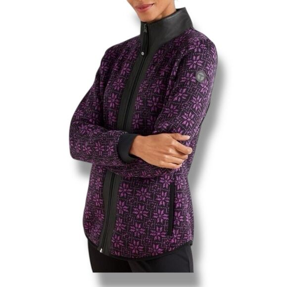 Talbot’s Geo Snowflake Cozy Woven Trim Jacket Purple Black Full Zip Women’s Sz M - Picture 1 of 12